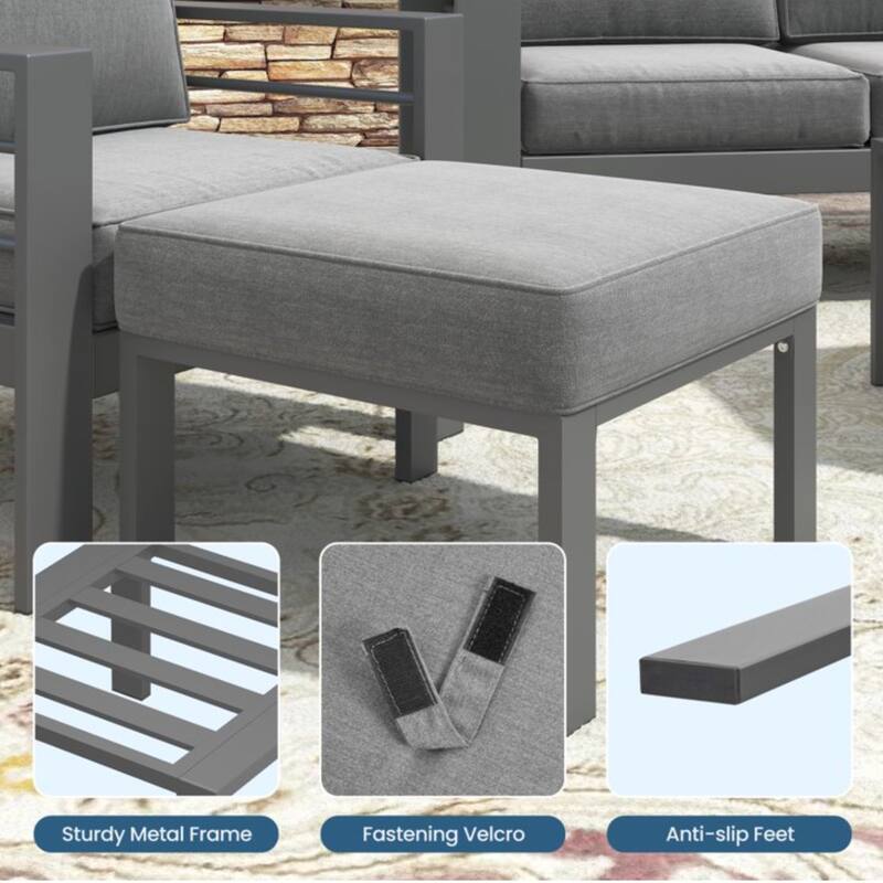 Set of 2, 22" Metal Patio Ottomans Thick Gray Cushions & Gray Frame