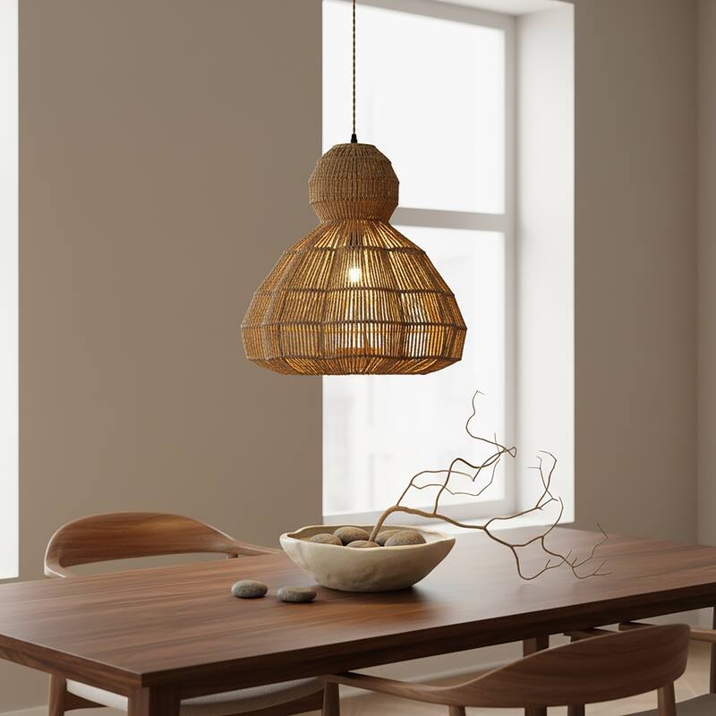 Ciel 1-Light Rattan Hemp Scalloped Pendant, Coastal Boho - Handwoven - 20" Wide