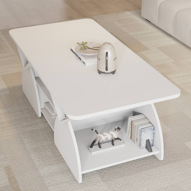 Modern Coffee Table with Storage, Geometric Rounded Design and Open Shelf, Easy Assembly Living Room Table