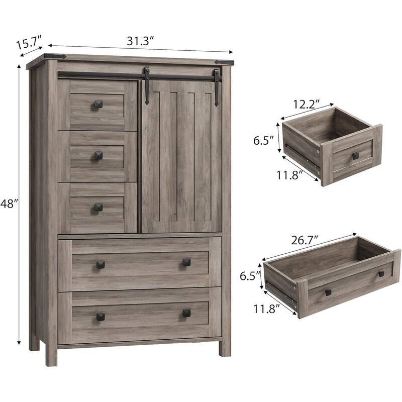 5 Drawer Dresser, Farmhouse Chest of Drawer with Sliding Barn Door