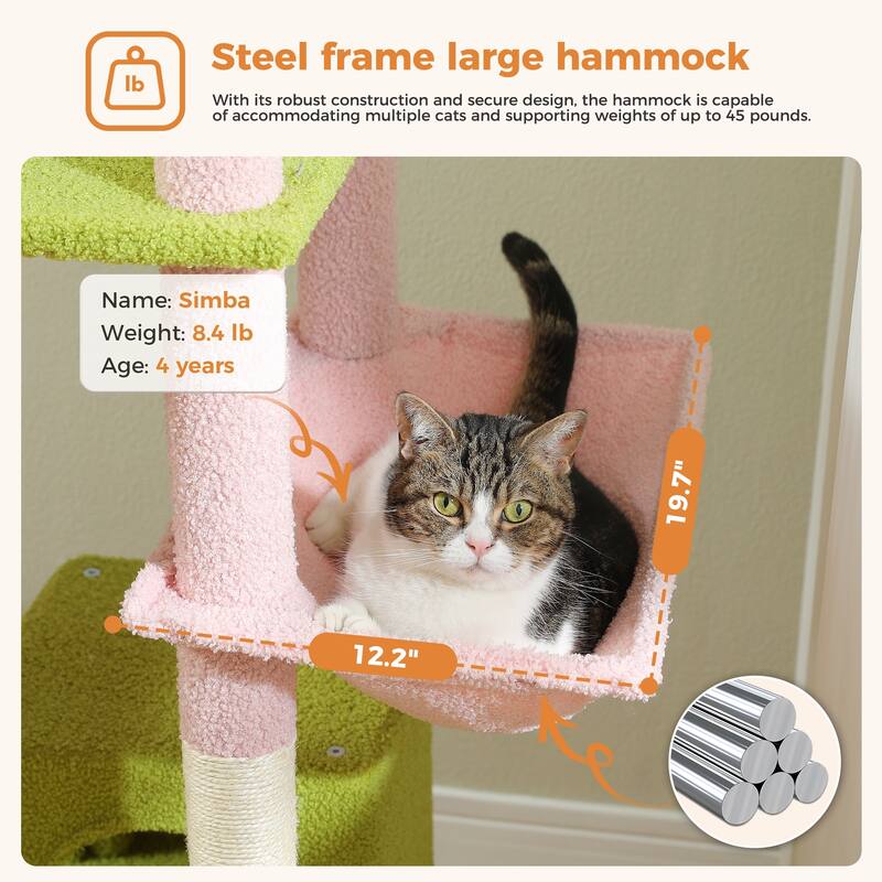 Multi-Level Indoor Large Cat Tree Scratching Post with 2 Perches, 2 Condos, Hammock and 2 Pompoms