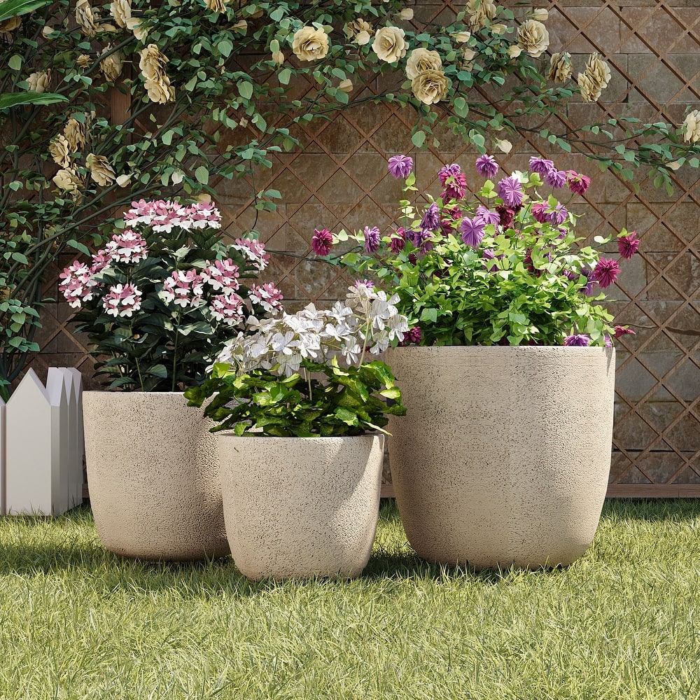 Lightweight Matte Textured MGO Flower Pot Set of 3,Round Concrete Stackable Planter with Drainage Holes and Rubber Plug