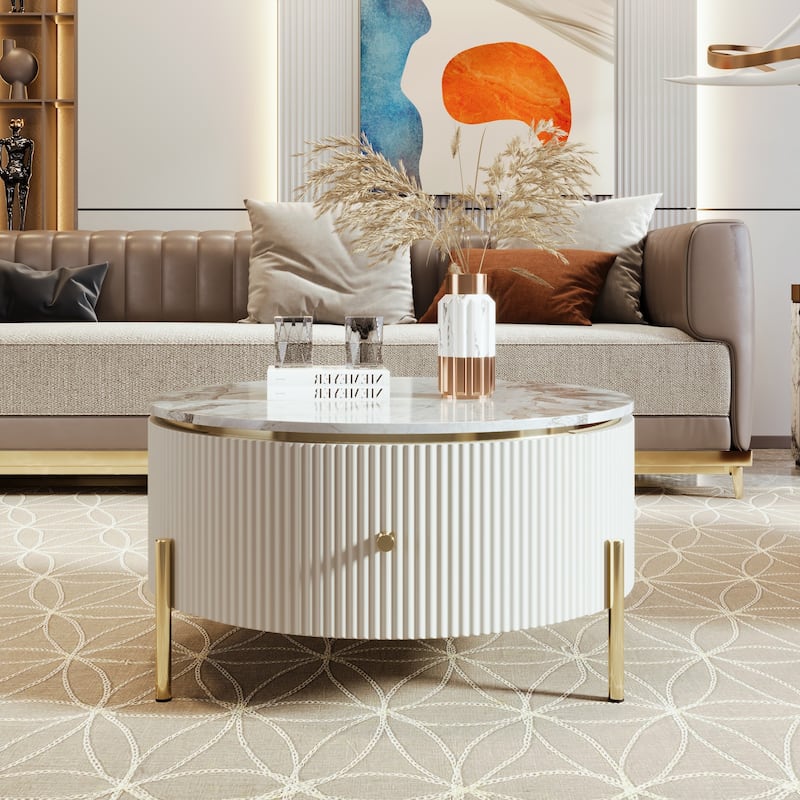Modern Round Coffee Table with 2 large Drawers Storage Accent Table