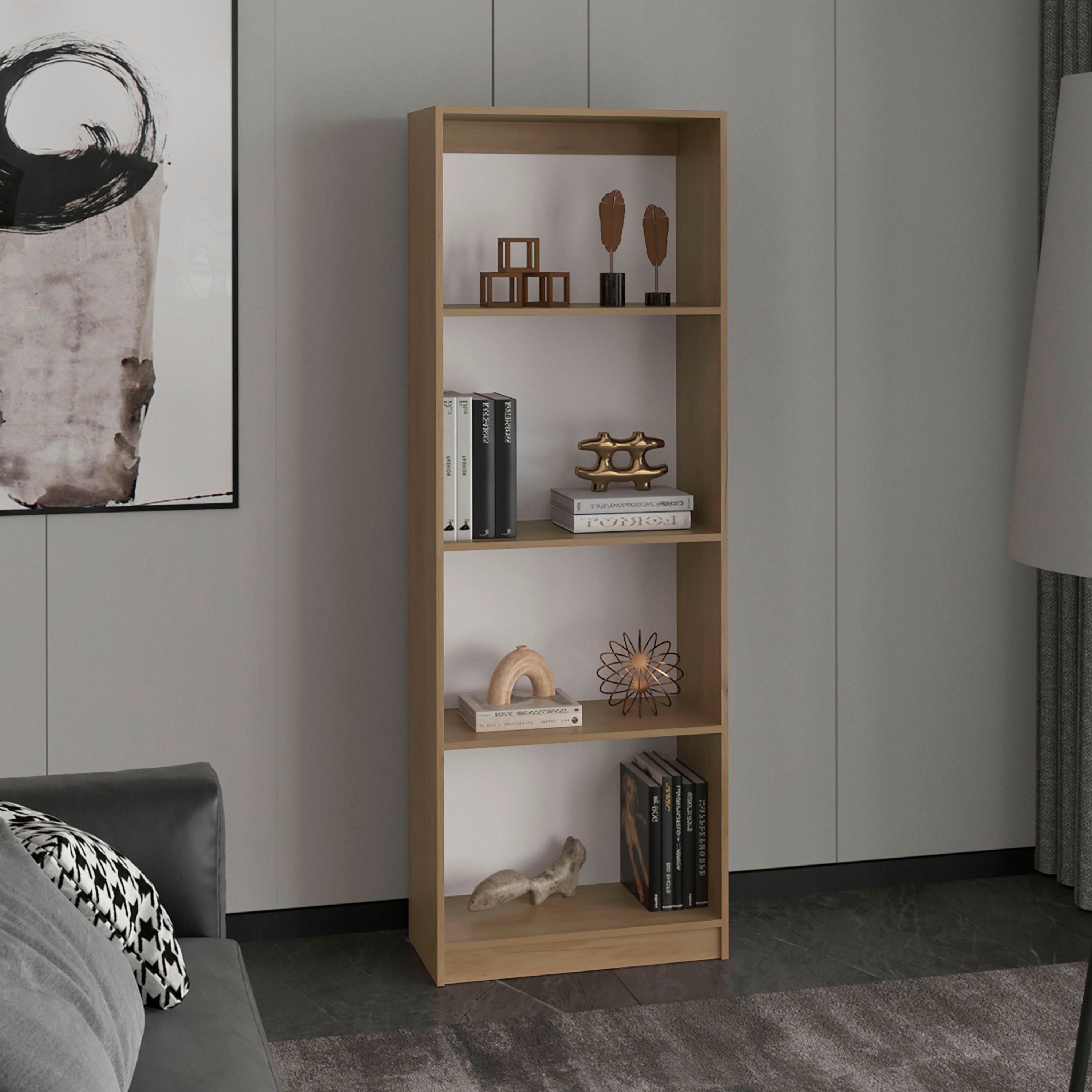 4 Shelves, Modern Display Unit For Books And Decor For Living Rooms,Office Or Bedroom,Natural Oak