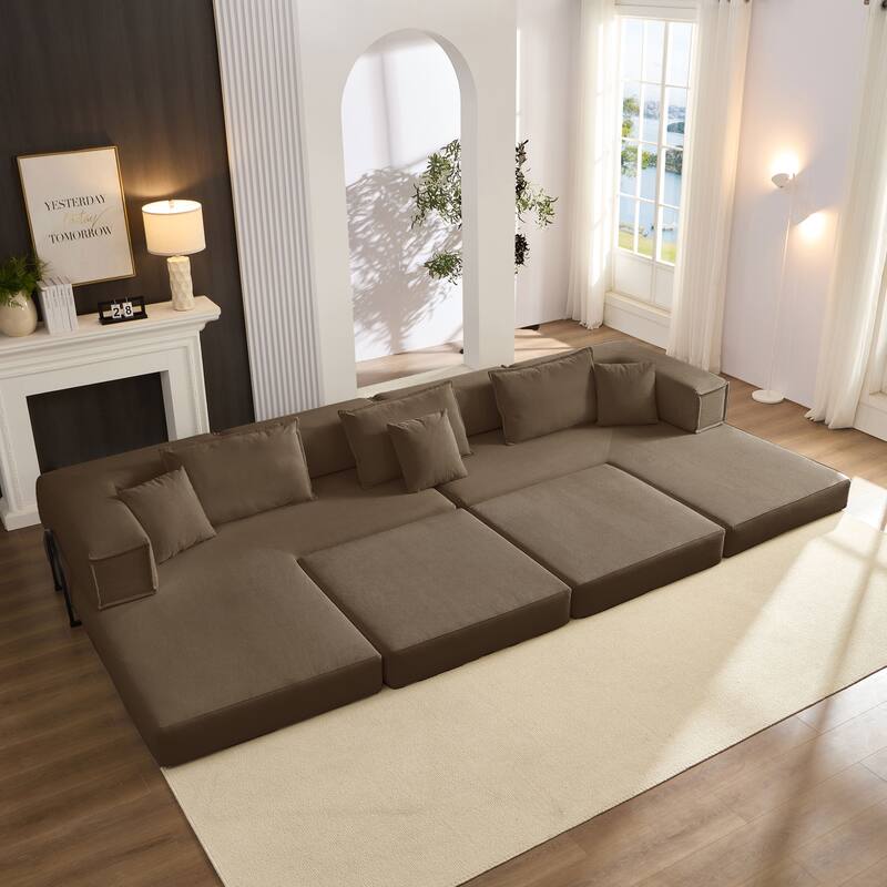 118.2" Oversized Modular Foldable Floor Sofa Couch, Corduroy Upholstered Convertible Sectional Sofa Bed w/ Pillows for Apartment