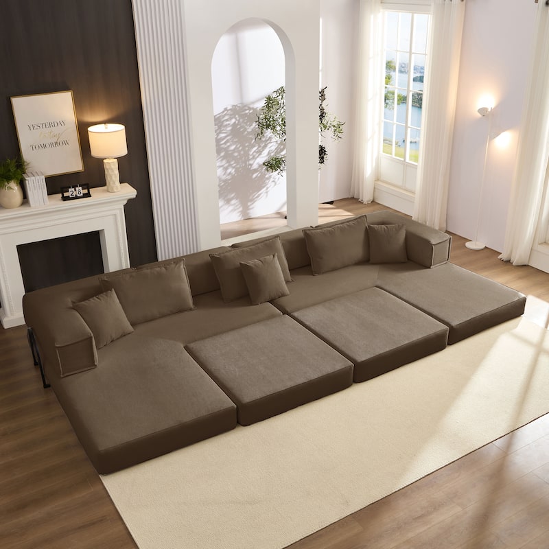 DIY Modular Corduroy L-Shaped Floor Sofa Set with 6 Pillows