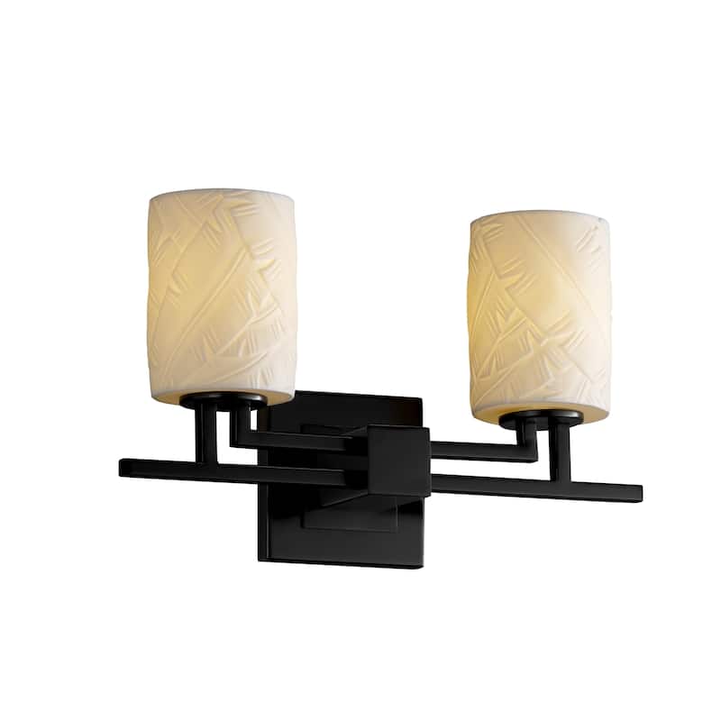 Justice Design Limoges Aero 2-light Matte Black Bath Bar, Banana Leaf Cylinder - Flat Rim Shade - Matte Black, Banana Leaf