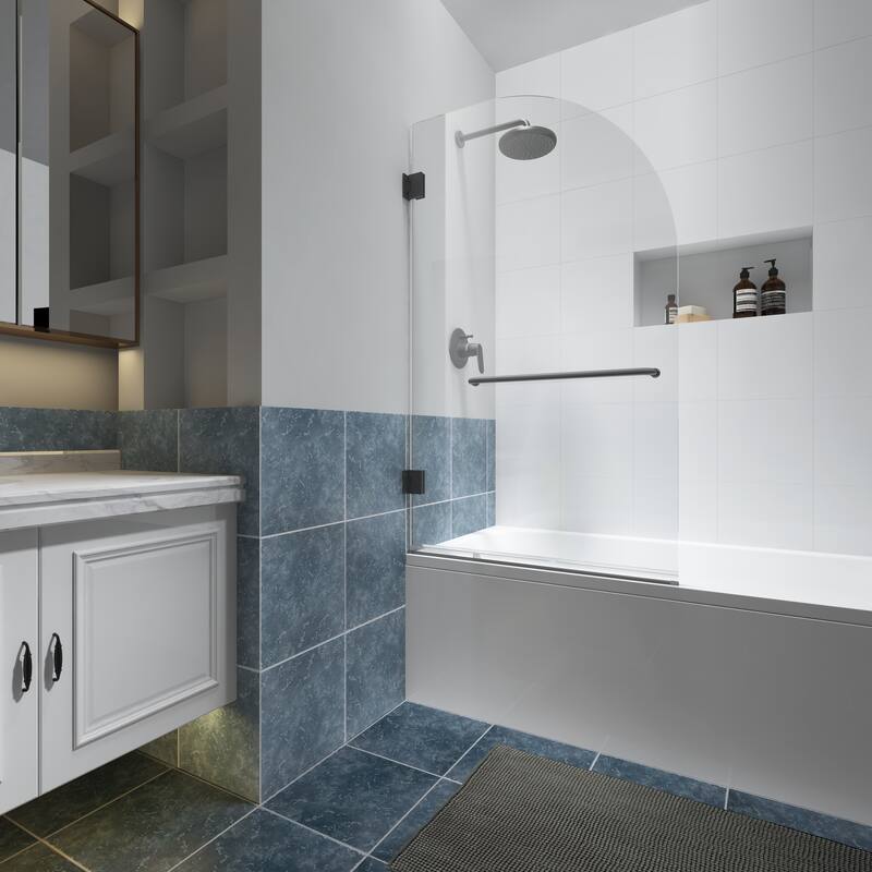 FELYL 34" W x 58" H Hinged Frameless Tub Door with Heat Soaking Process and Protective Coating Clear Glass