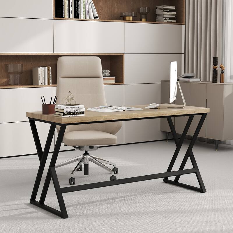 59 Inch Maple Black Computer Desk Industrial Office Desk with Spacious Workstation Sturdy Metal Frame Thick Tabletop