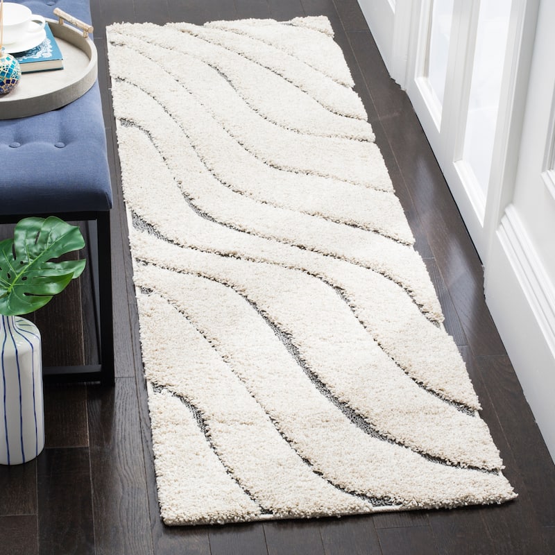 SAFAVIEH Florida Shag Hervor Soft Serene Waves 1.2-inch Thick Rug - 2'3" x 7' Runner - Cream/Grey - Runner