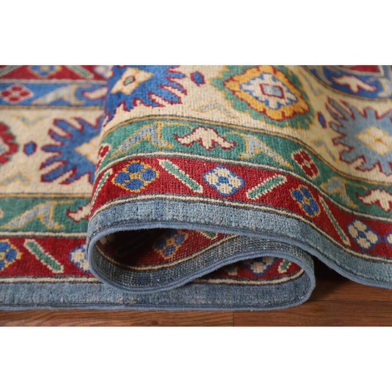 Hand Knotted Oriental 100% Wool Carpet Traditional Geometric Navy Blue & Blues Kazak Area Rug - 9' 6'' X 6' 8''