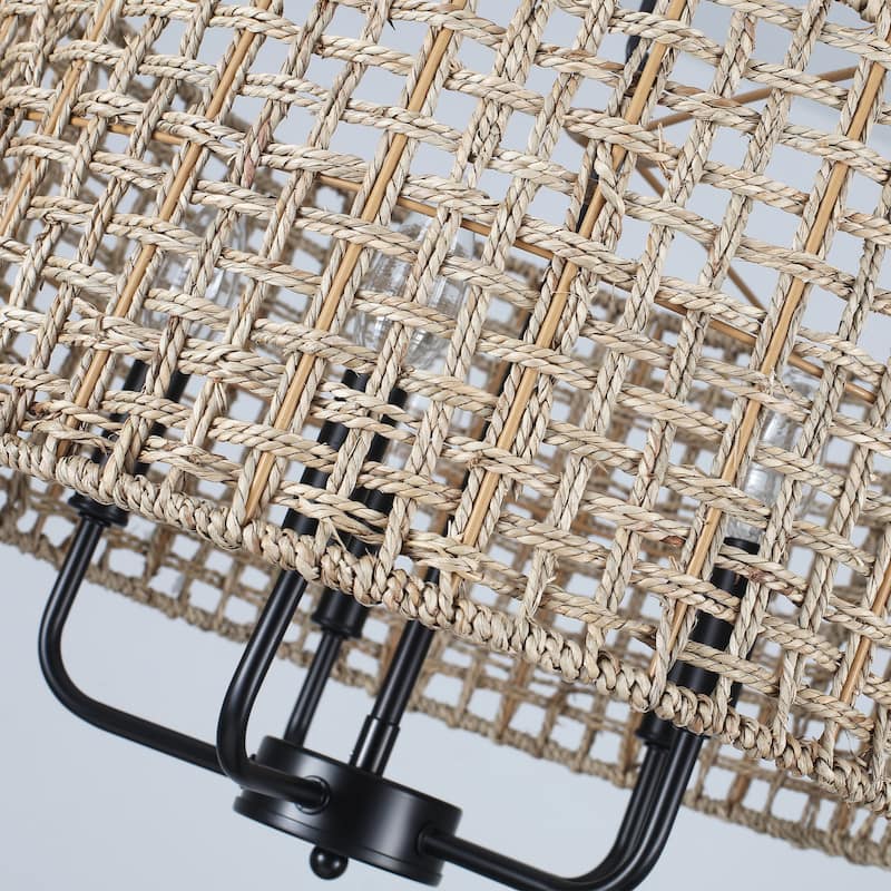 5 - Light Dimmable Drum Chandelier Natural Rattan Bohemian & Coastal Pendant - 18.9 in