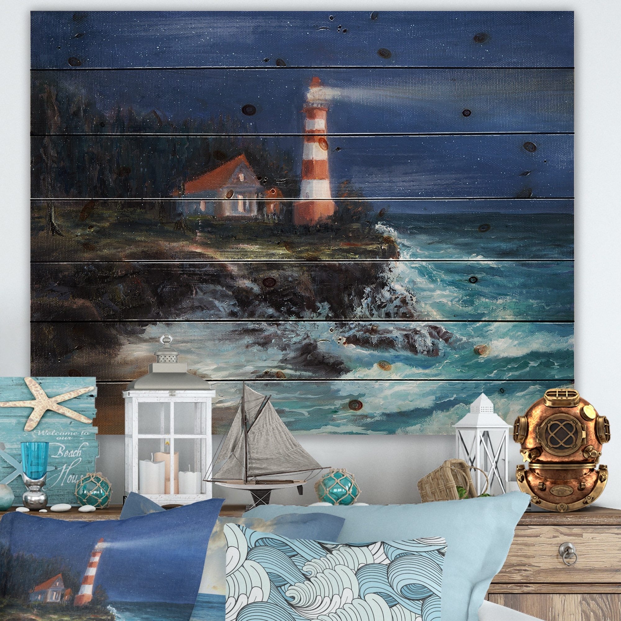 Designart 'Lighthouse Shining Over Ocean At Night' Nautical-image