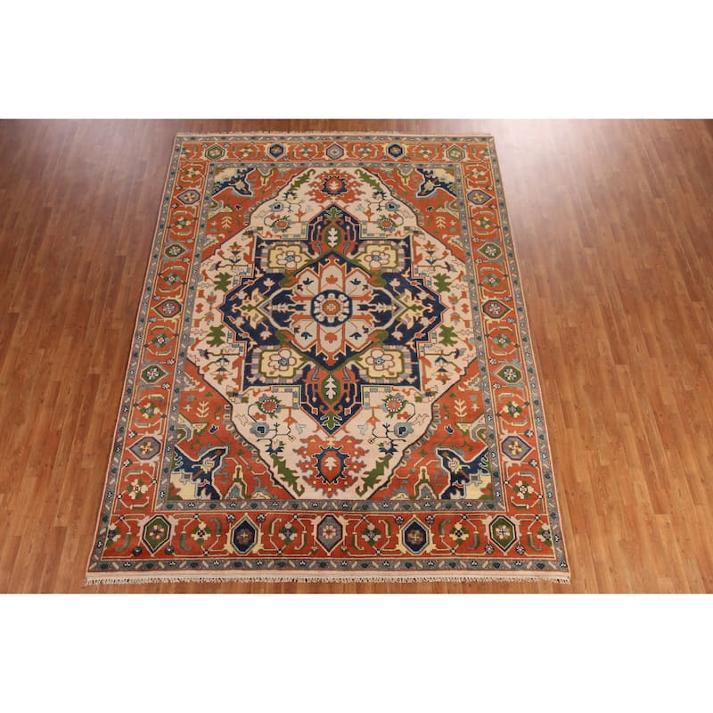 Peach Geometric Heriz Serapi Indian Area Rug Hand-Knotted Wool Carpet - 8'11" x 11'8"