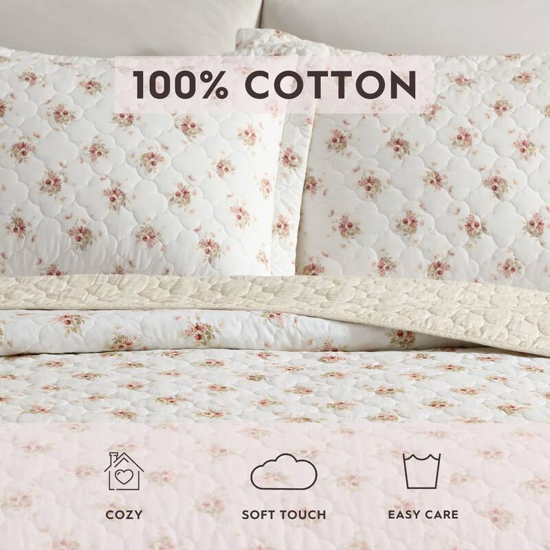 Laura Ashley Dorrie Cotton Reversible Pink Quilt Set