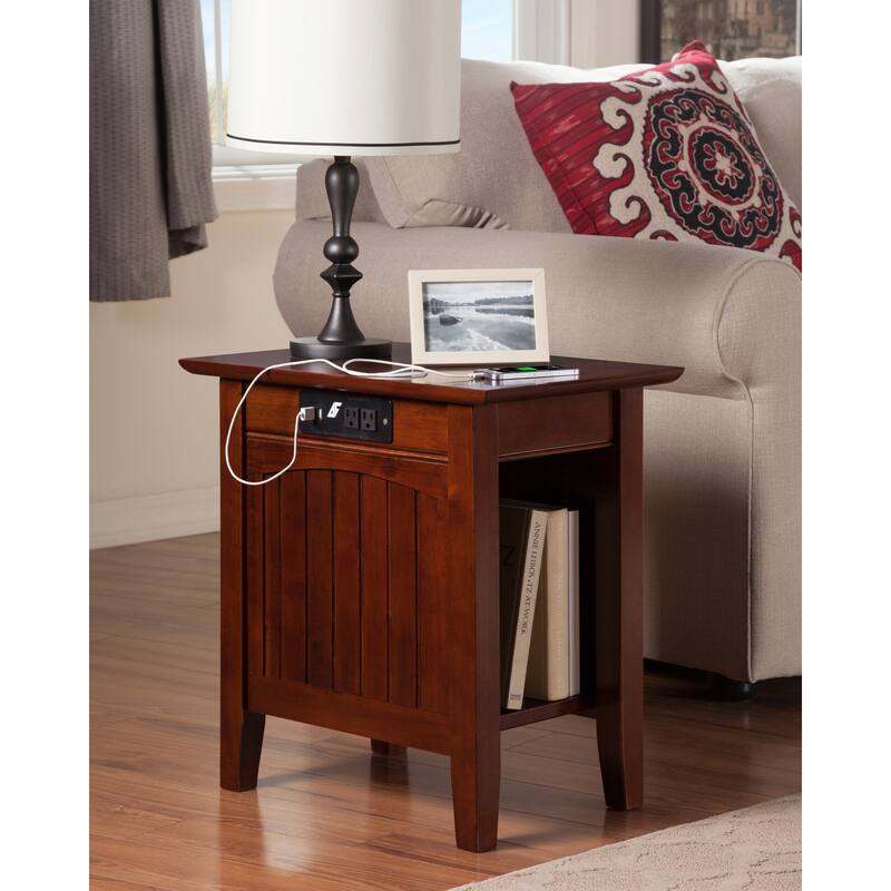 French Country Side Table with Charging Station - Walnut Finish Accent Table for Living Room - 22