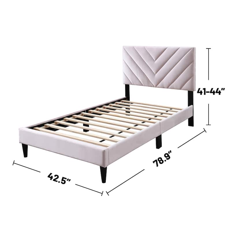 Velvet Upholstered Adjustable Headboard Twin Bed with V-stitching Design