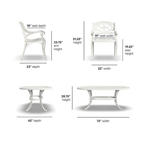 Sanibel White Cast Aluminum 7- Piece Outdoor Dining Set with an Oval table, Six Armchairs and FREE cushions by Homestyles