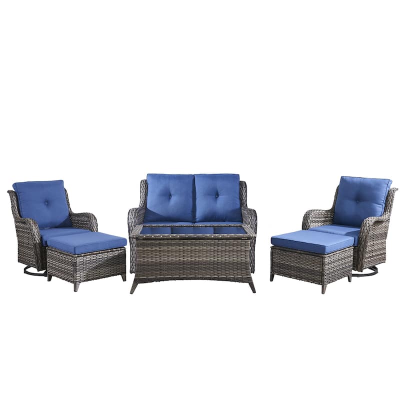 Pocassy Outdoor 6 Pieces 2-Seat Sofa Swivel Chairs Table Ottoman