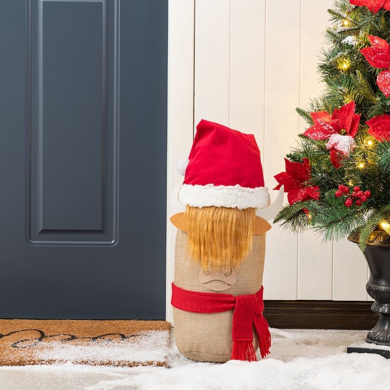 Glitzhome 20"H Christmas Linen Highland Cow Doorstop Porch Decor - Multi