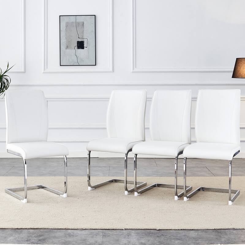 Modern Set of 4 Dining Chairs with PU Backrest High-Density Foam Seat Arched Metal Legs, for Dining Room Living Room Bedroom - White