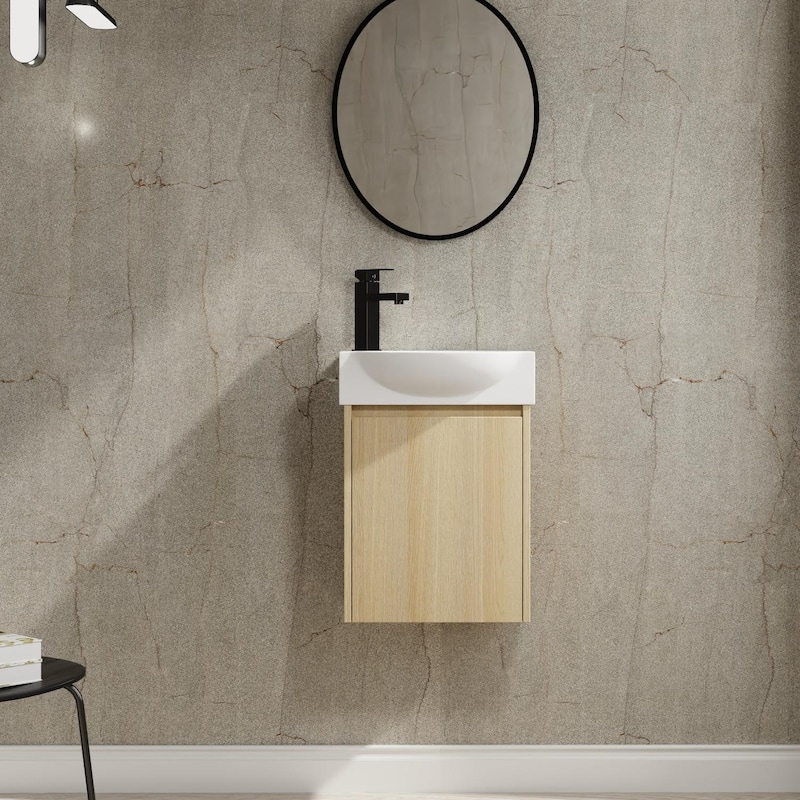 BNK 16"/20"/24"/30"/36" Single Sink Bathroom Vanity with Soft Close Door and Shelf - 16''W - Beige-Ceramic Sink