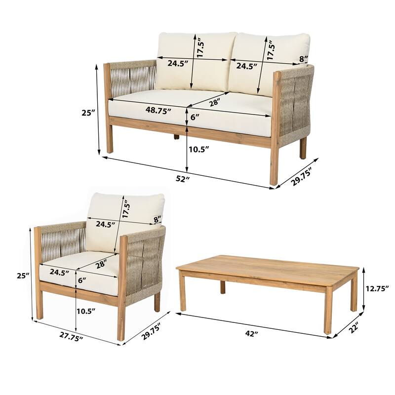 Christopher Knight Home - Amelie Outdoor 4-Piece Acacia Lounge Set - Loveseat, Club Chairs, & Coffee Table with Cushions