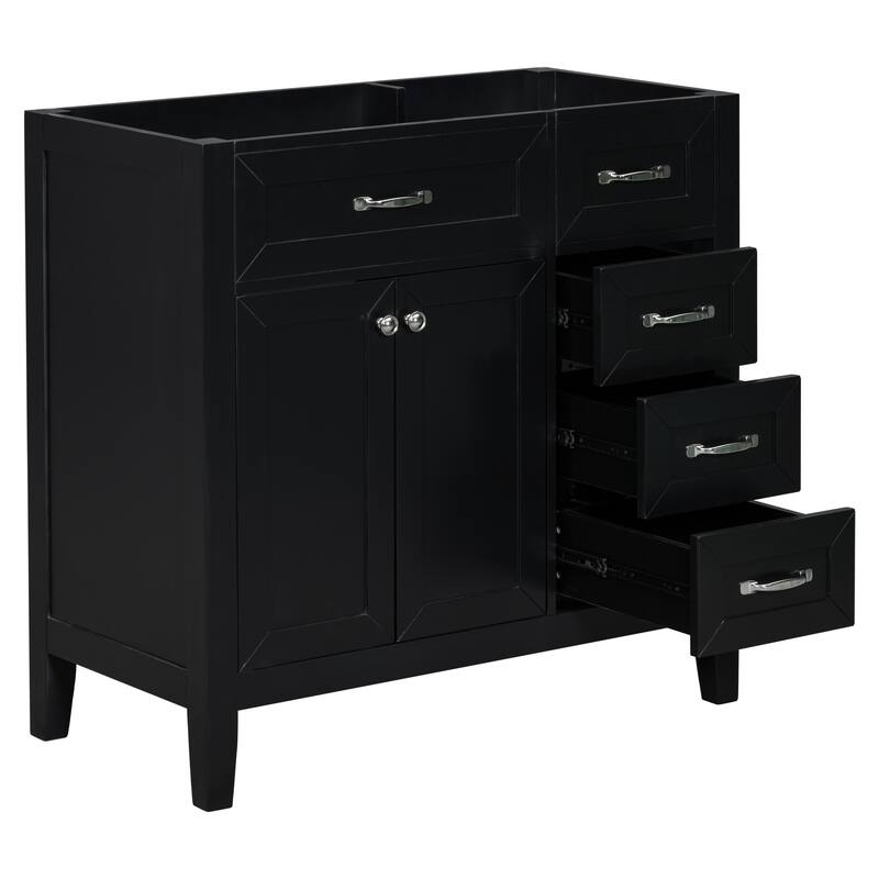 36" Modern White Bathroom Vanity Cabinet Base, 2 Doors & 3 Drawers, Solid Rubber Wood & MDF
