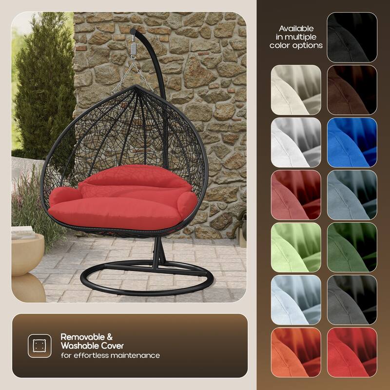 2-Person Outdoor Hanging Egg Chair with Teardrop Frame, Weather-Resistant Cotton Cushioned Seat for Patio and Indoor Use