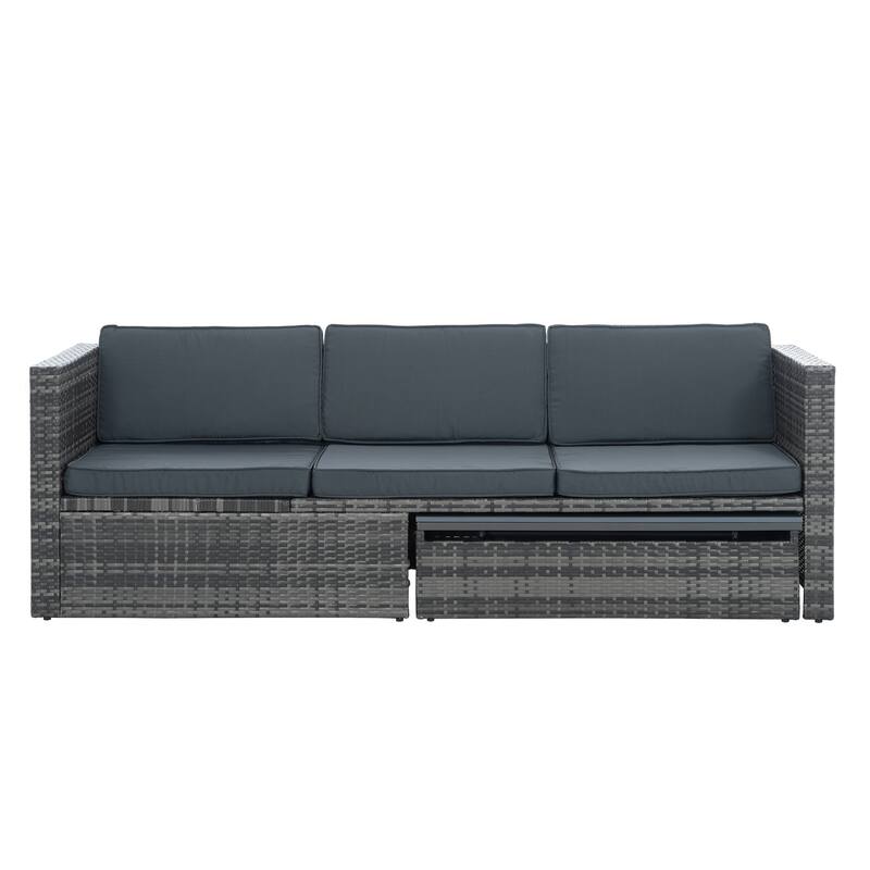 5 Piece Outdoor PE Wicker Sofa Set, Patio Conversation Furniture Set with Lift TOP Coffee Table and Lounger Sofa