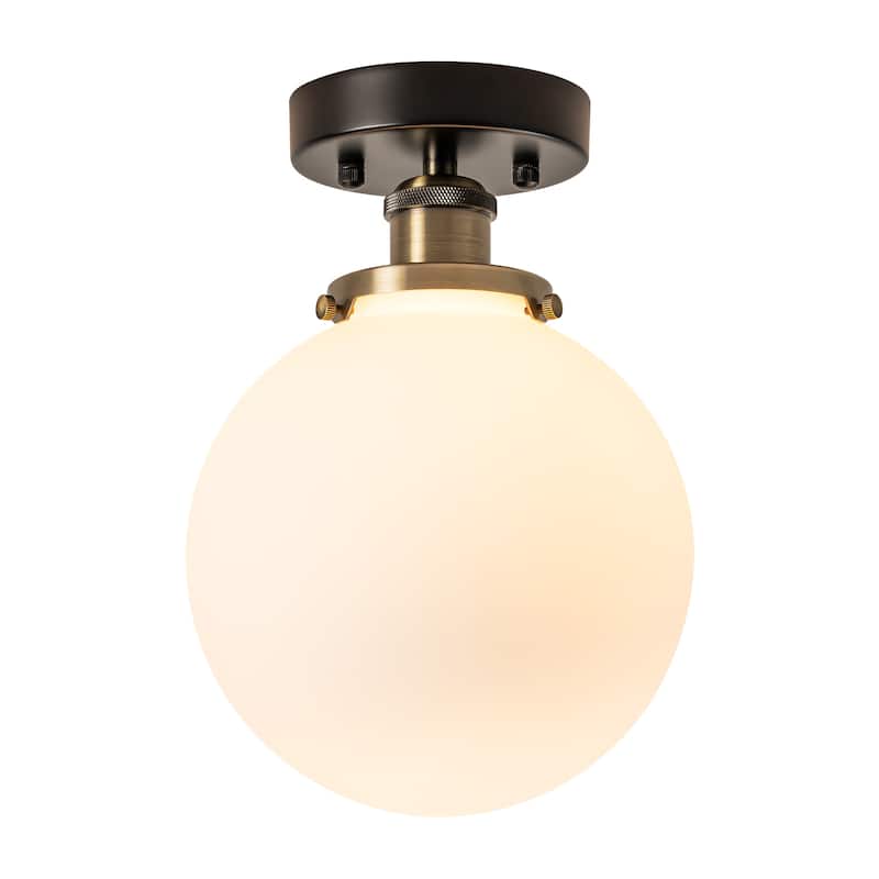 1-Light Vintage Modern Antique Brass and Black Glass Globe Bubble Semi-Flush Mount Light - 7.8 in. W x 11.2 in. H