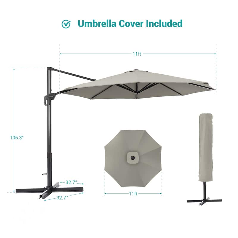 BONOSUKI 11FT LED Cantilever Patio Umbrella 360 Rotation w/Cross Base