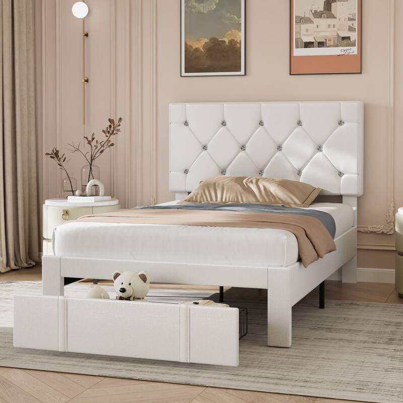 VECELO Bed Frame with Storage Drawers, Leather Upholstered with Diamond Tufted Headboard, Solid Wood Slat Support
