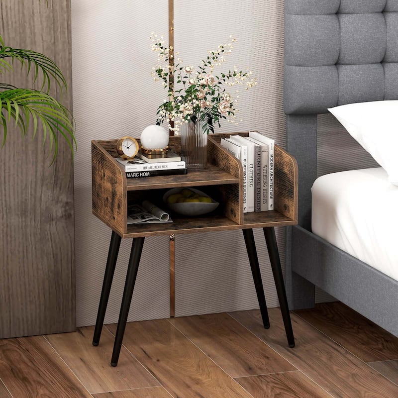 Costway Mid Century Modern End Table with Open Shelves Metal Support - See Details