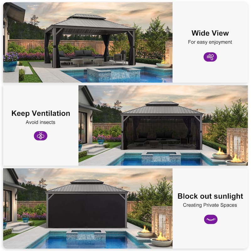PURPLE LEAF Patio Gazebo for Backyard Hardtop Galvanized Steel Frame with Upgrade Curtain - Light Grey