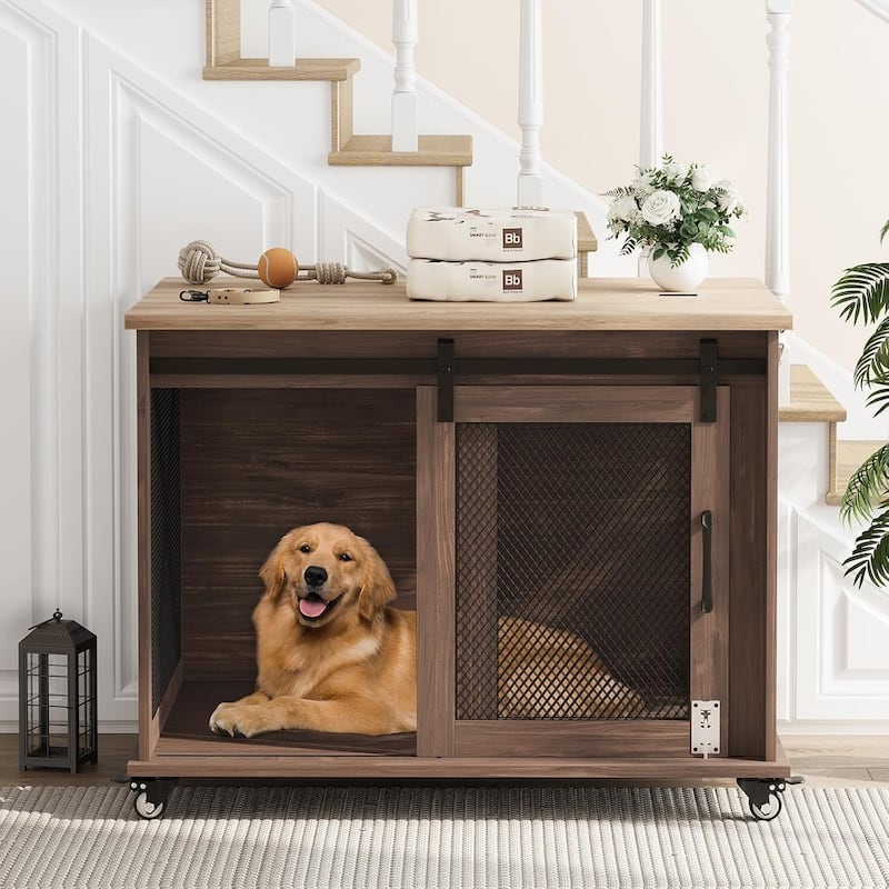 Furniture Dog Crate Table with Flip Top, Sliding Door, Divider - Brown