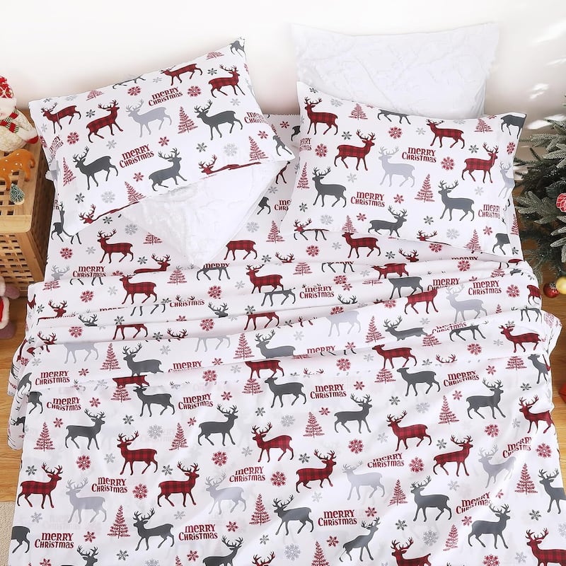 Christmas Red Boho Bed Sheets Set with 16 Inches Deep Pocket
