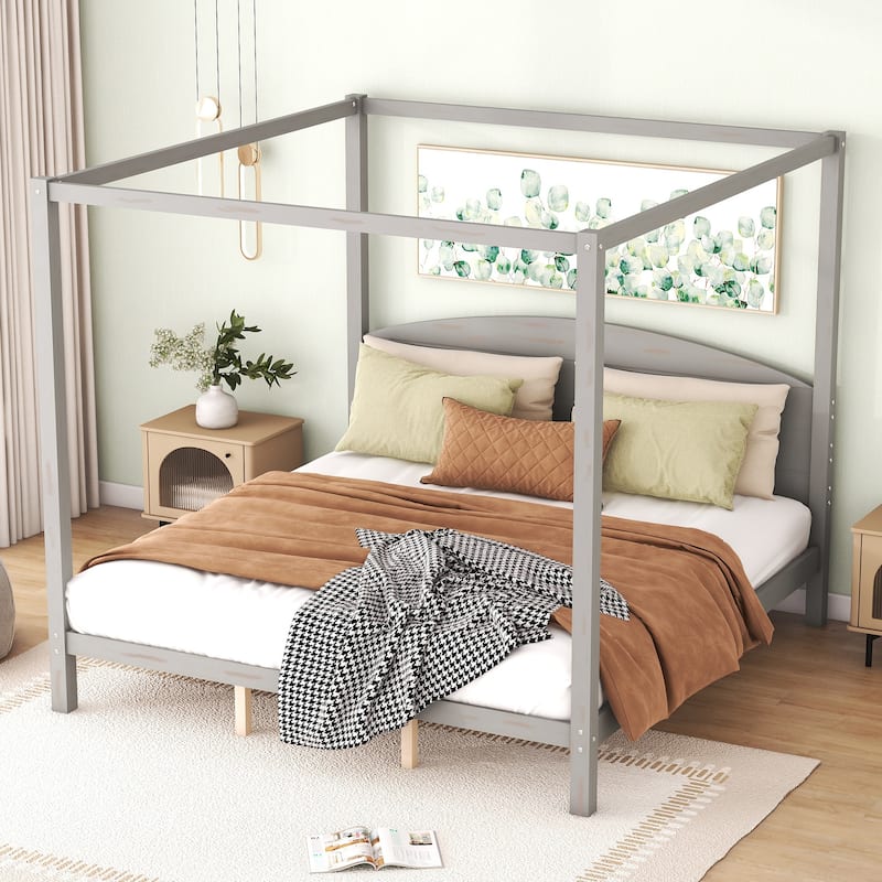 King Size Pine Canopy Platform Bed w/ Classic Wood Headboard Upholstered Bed Frame, No Box Spring Needed, Easy Assembly