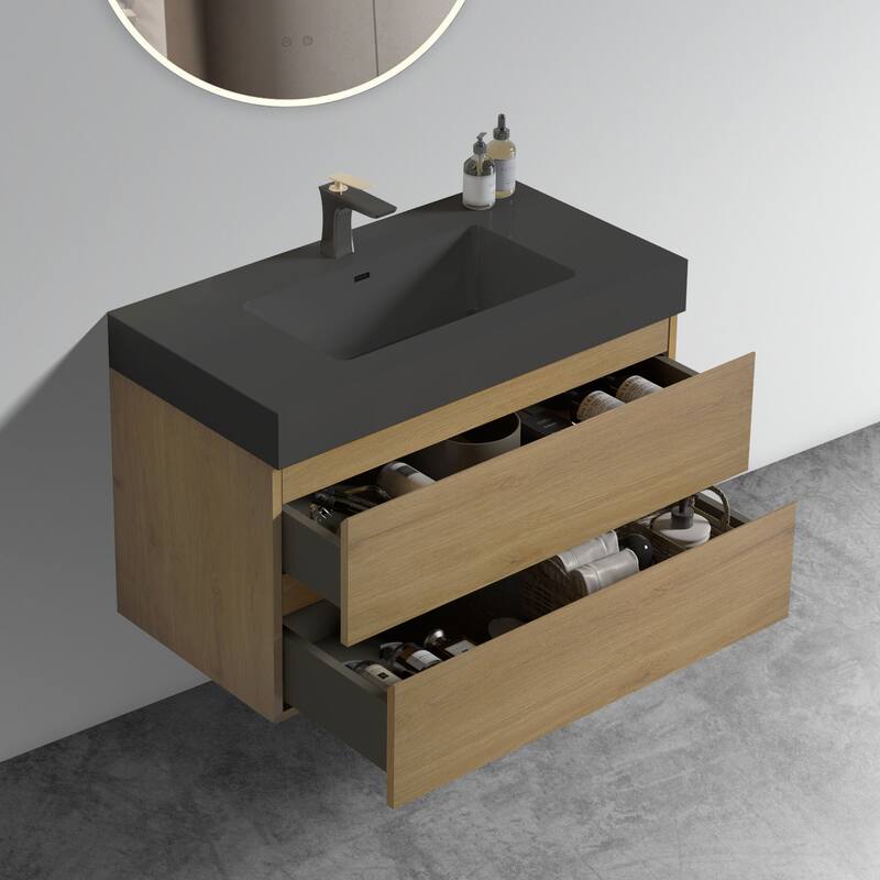 Modern Large Storage Wall Mounted Bathroom Vanity with Sink Basin without Drain and Faucet