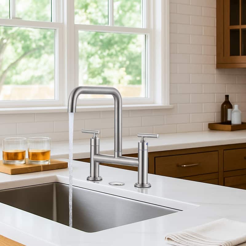 WOWOW Double Handle Bridge Faucet with Kitchen Sink Hole Cover