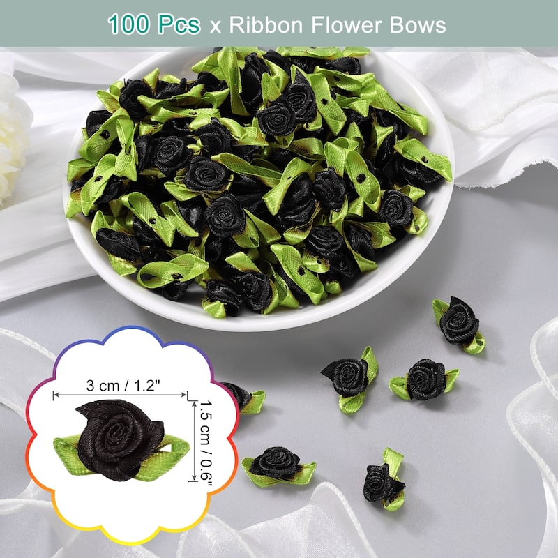 100 Pcs Mini Ribbon Roses Flowers Bows for Crafts, 15mm/0.6" Dia - Black