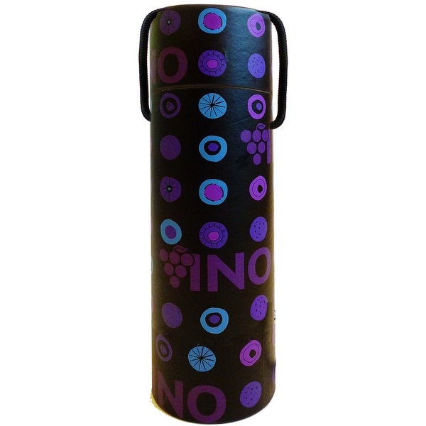 12.5" Black and Purple Printed Vino Paper Cylindrical Bottle Box with Handle - N/A