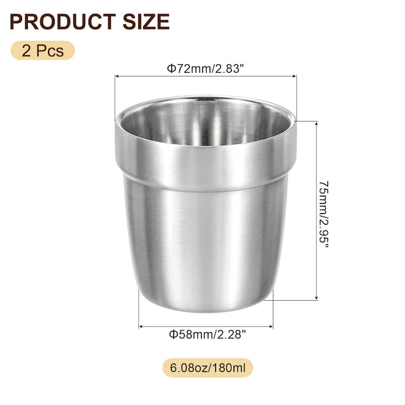 2 Pcs 304 Stainless Steel Cup Double Wall Water Glasses Step Silver - 6.08oz/180ml