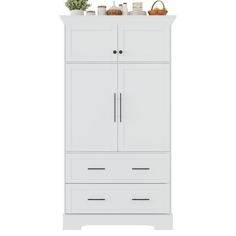 Farmhouse 72.6" Tall Kitchen Pantry with 4 Doors Storage Cabinet , 2 Drawers and Pull-out Trays for Cake Pan Storage Organizer