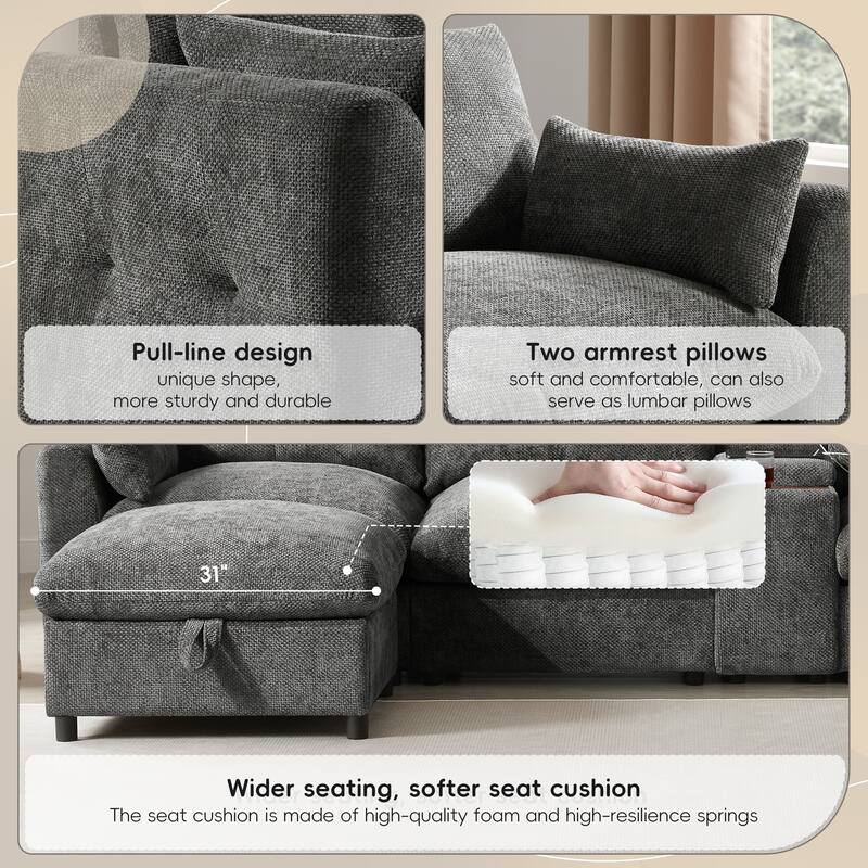 Roomfitters 136'' Modular U-Shaped Sectional Sofa with Console, Cup Holder, USB, Storage Ottoman, Chenille