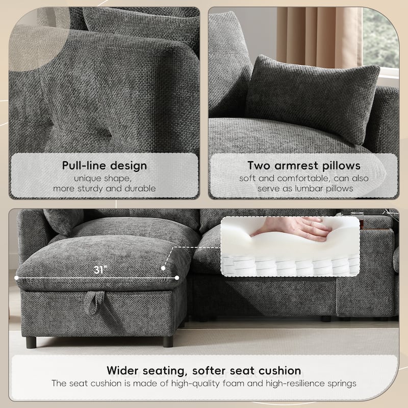 U-Shaped Pull-line Tufted Modular Design Chenille Sectional Sofa with Console, Cup Holder, USB Charger, Movable Storage Ottoman