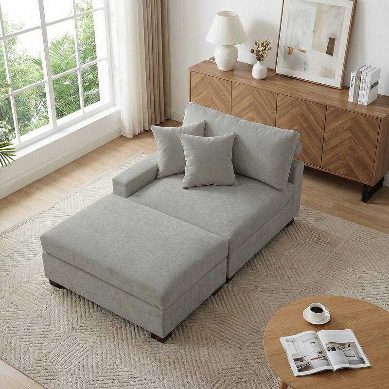Modern Chenille Chaise Lounge Set with Ottoman