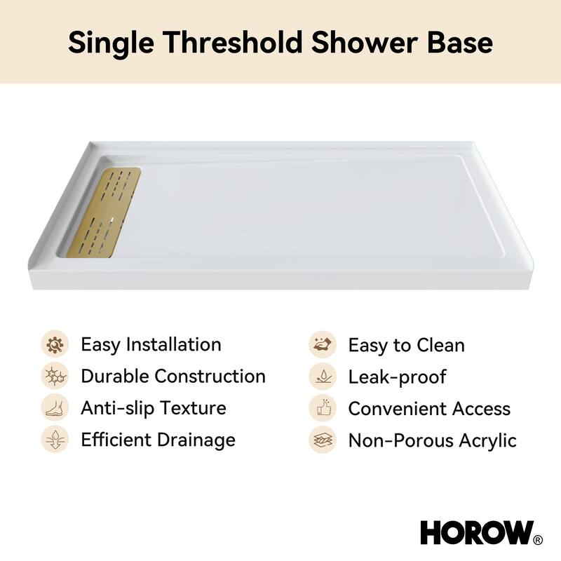 HOROW 60 x 32 Inch Alcove Shower Pan Base in White with Left Drain - Left Drain Location