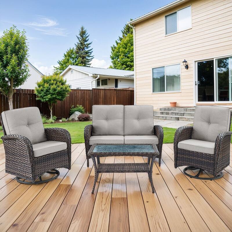 Pocassy Outdoor Loveseat Sofa with Table Funiture Set - Brown Wicker Beige Cushion - 4PCS Loveseat Sofa with Swivel Chairs