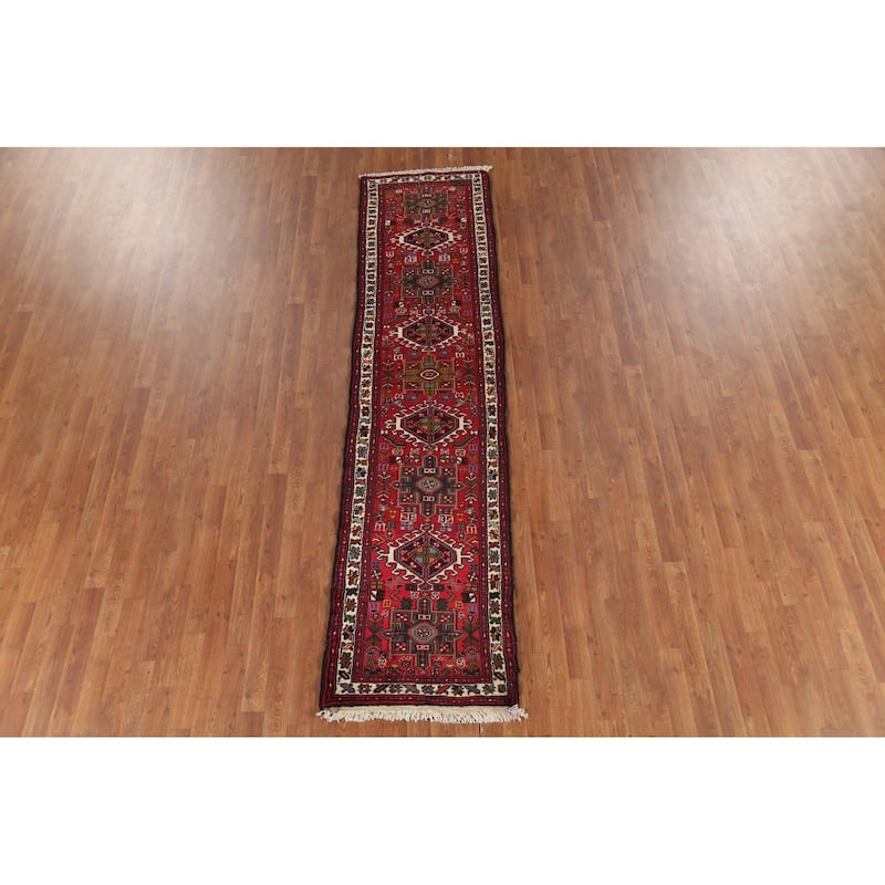 Tribal Geometric Gharajeh Persian Runner Rug Handmade Red Wool Carpet - 2'4"x 9'10"